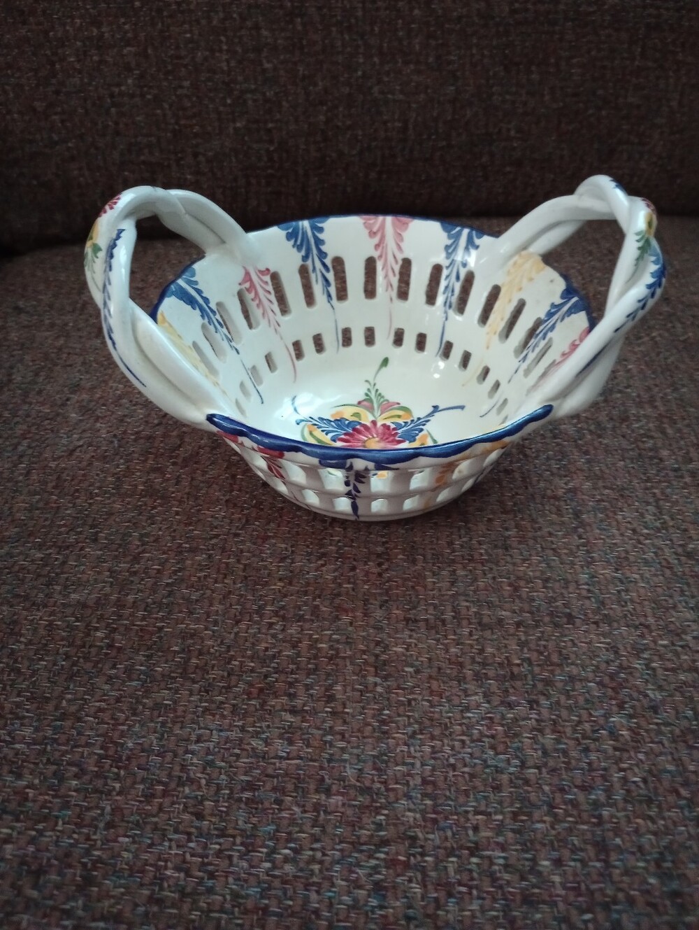 Vintage RCCL Hand Painted Ceramic Basket Bowl-Lattice Design Made In Portugal